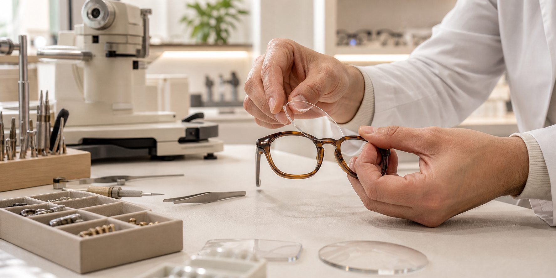 Lavorazione professionale di una montatura nel laboratorio ottico